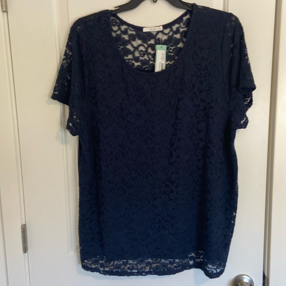 3X blue lace short sleeve Le Lis blouse.